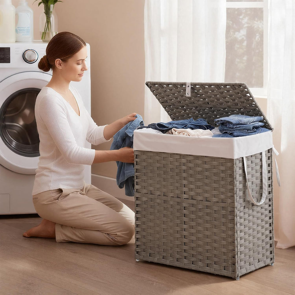 Woven Laundry Hamper with Lid, Large Rattan Clothes Hamper with Removable Machine-Washable Liner, Foldable Laundry