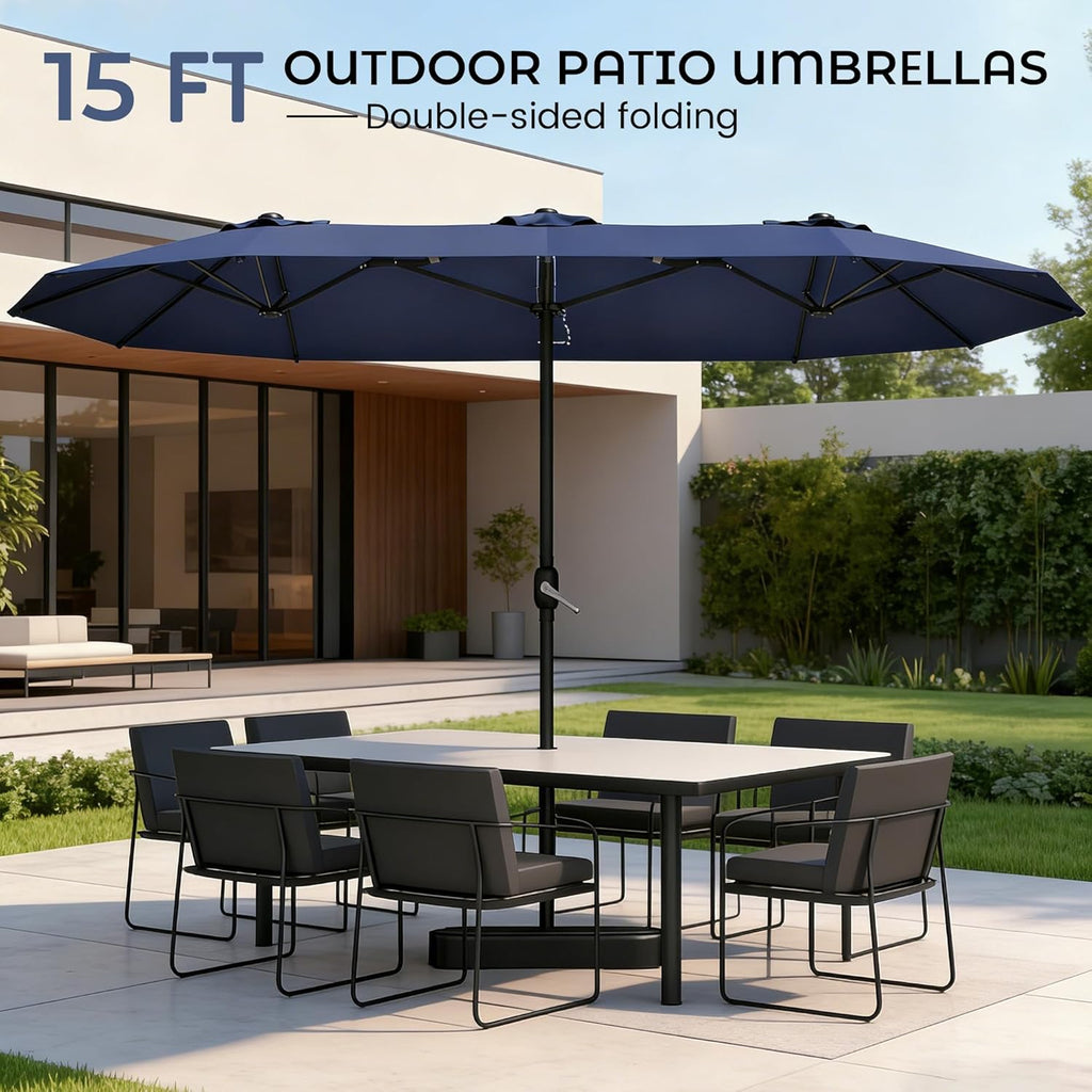 15ft Patio Umbrella with Base,Large Outdoor Double-Sided Rectangle Umbrella with Crank Handle, Market Umbrella Pools