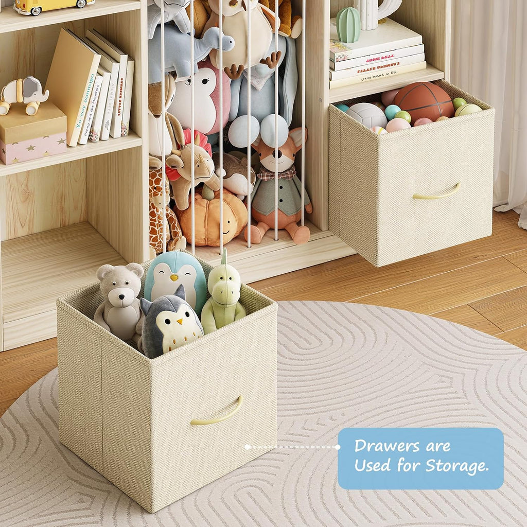 4-in-1 Toy Storage Organizer with Stuffed Animal Storage, Solid Pine Kids Bookshelf and Toy Shelf, 6 Cube Shelf with