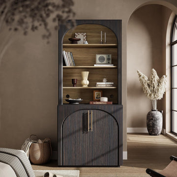 72'' Tall Arched Bookshelf with Fluted Doors, Modular Bookcase | Mid-Century Modern Accent Cabinet, 6 Tier Display