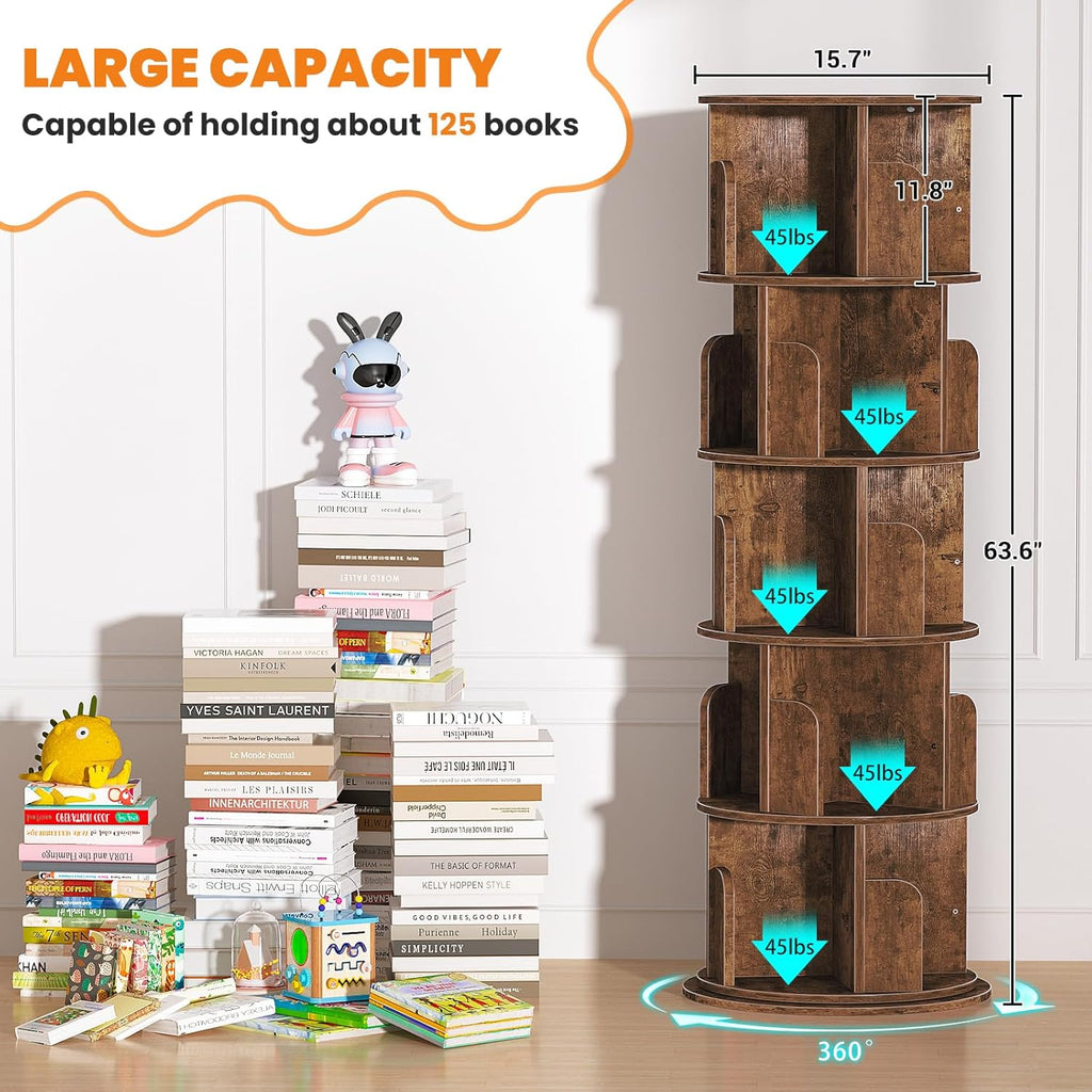 Rotating Bookshelf Tower, 5 Tier Spinning Bookcase, Revolving 360 Book Shelf Narrow Tall Bookcase