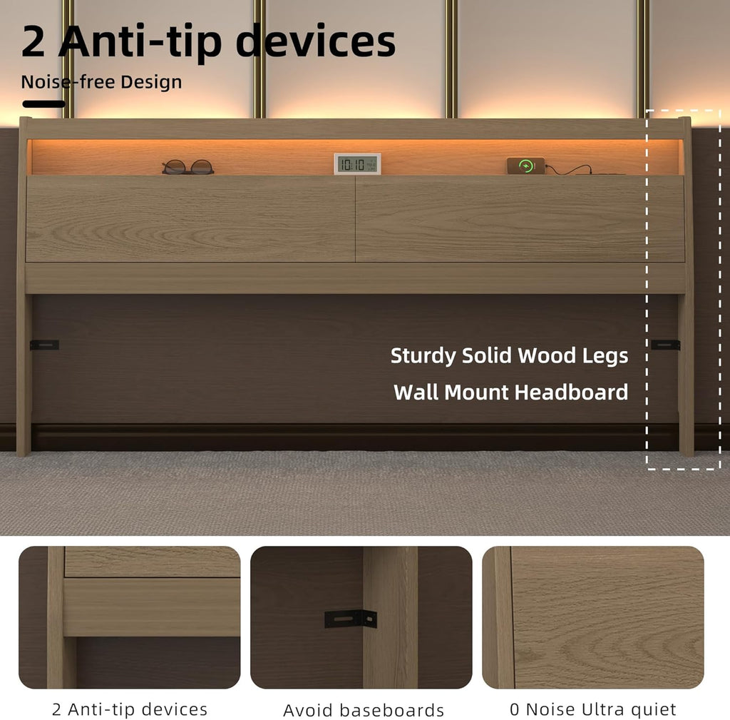 King Wooden Headboard with Storage Outlet USB LED Bed Backboard | Solid Wood Leg,Wall mounted panel,Sleeping