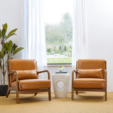 Set Mid Century Yellowish Brown Accent Armchair, Single Reading Armchair PU Leather Lounge Chair with Walnut - Set of 2