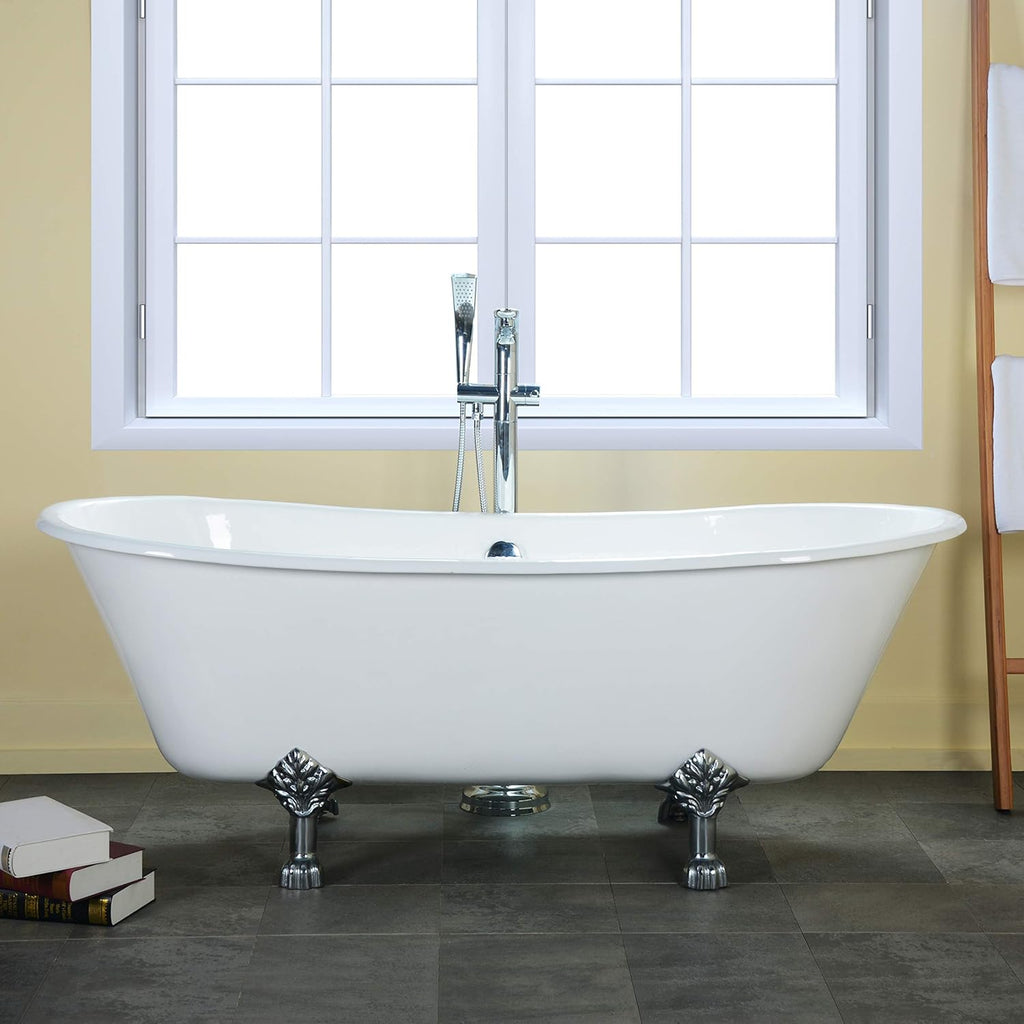 Aqua Eden VCTND6728NH1 Cast Iron Double Slipper Clawfoot Bathtub Chrome Feet without Drillings, 67-Inch, White