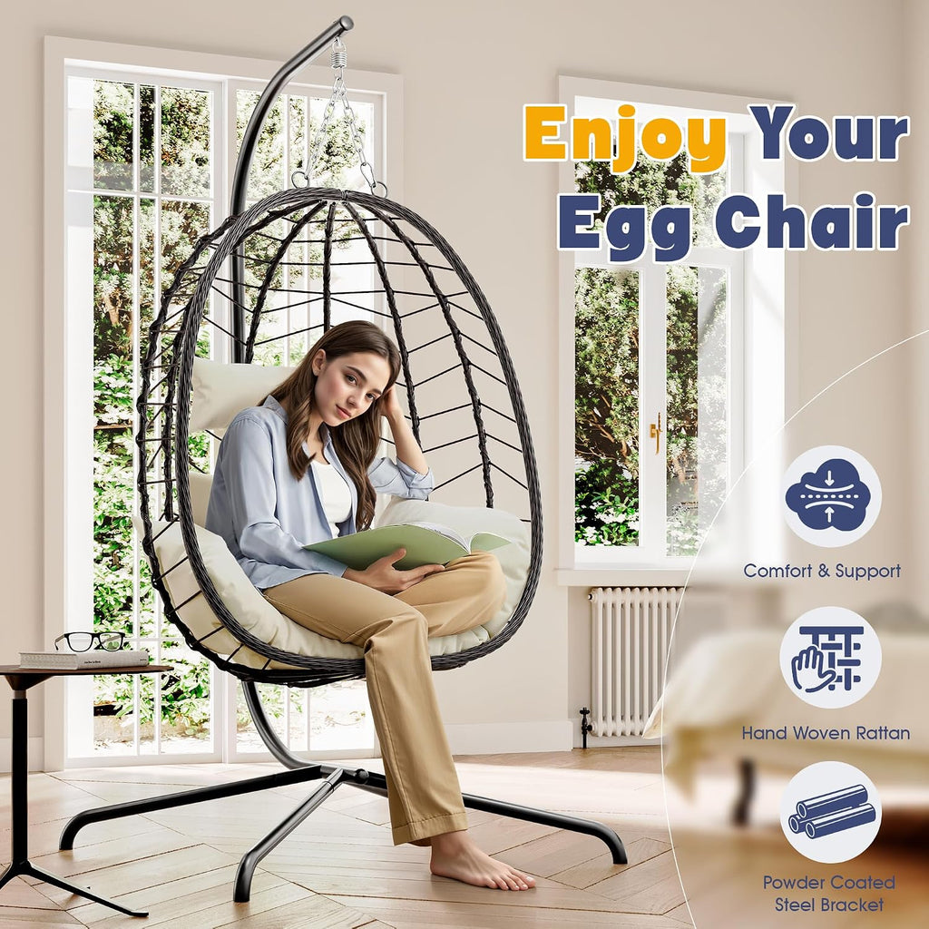 Egg Chair with Stand, Patio Wicker Bifanuo Hanging Chair, Hammock Swing Chair, 350LBS Capacity , Balcony