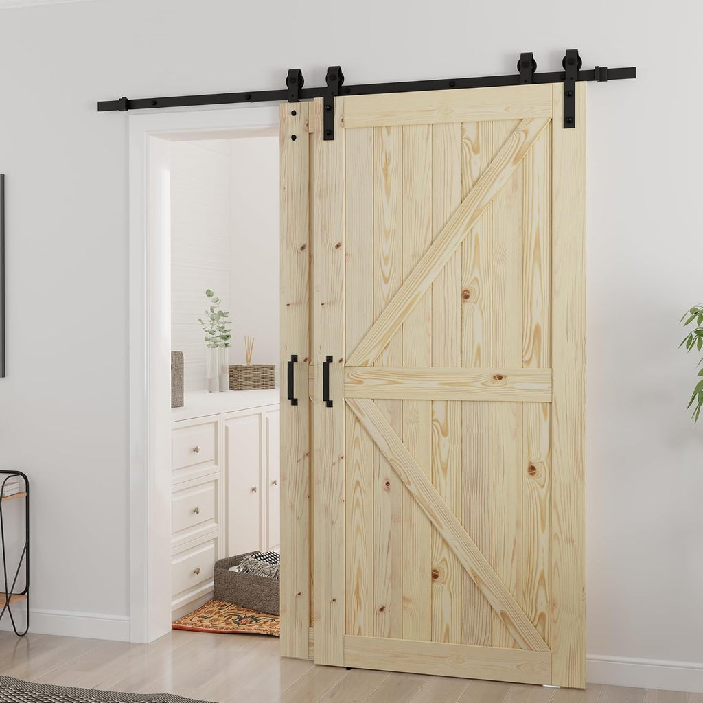 Double 42"x84" Bypass Barn Door with 7FT Track Hardware Kit Included, Unfinished Solid Wood, DIY Sup