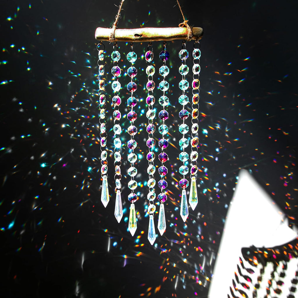13 Inch Crystal Wind Chime, Hanging Prism Suncatcher Decor - Crystal Wind Chime with Colorful Glass Bead Chain