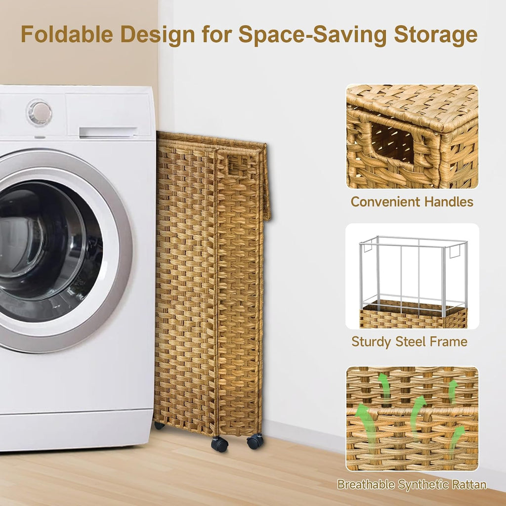 88L Slim Laundry Hamper with Wheels, 23.3 Gallon Rolling Laundry Basket with Lid, Tall and Narrow Laundry Hamper with