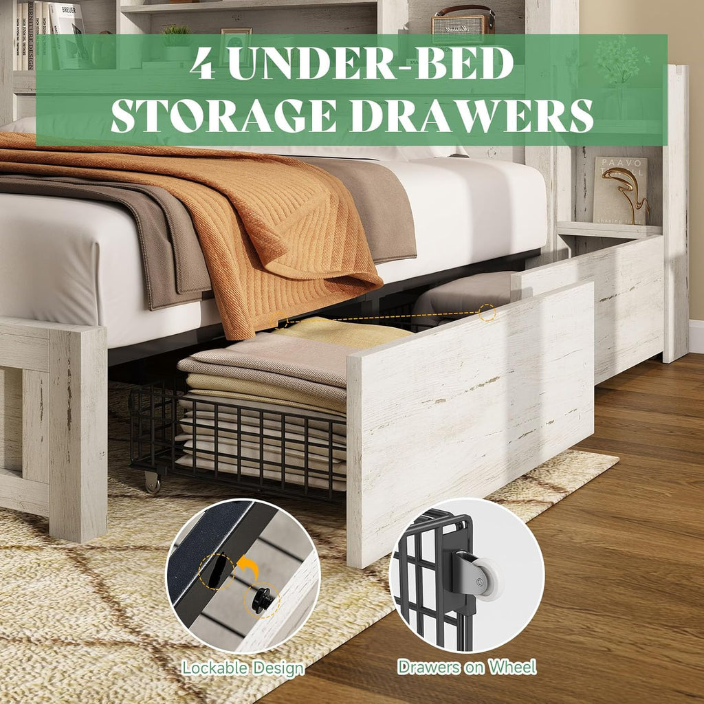 Queen Bed Frame with 4 Storage Drawer, LED Bed Frame with 49.6" Tall Bookcase Headboard, Wood Platform Bed with Charging Station & 2 Slide Bedside Shelf, No Box Spring Needed/Distressed White