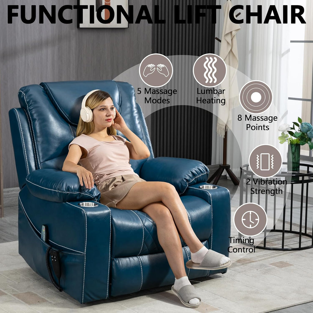 Large Power Lift Recliner Chair Sofa with Massage and Heat for Big and Tall Elderly,Infinite Positions,Dual Motor,Cup