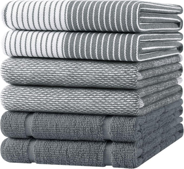 6 Pack Cotton Terry Premium Kitchen Towels, 18 x 28 in, Grey | Large 380 GSM Dish Towels, Highly Absorben Flat &