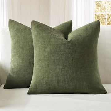 Olive Green Couch Pillow Covers 18x18 Inch, Set of 2 Soft Chenille Decorative Square Throw Pillow Covers Farmhouse