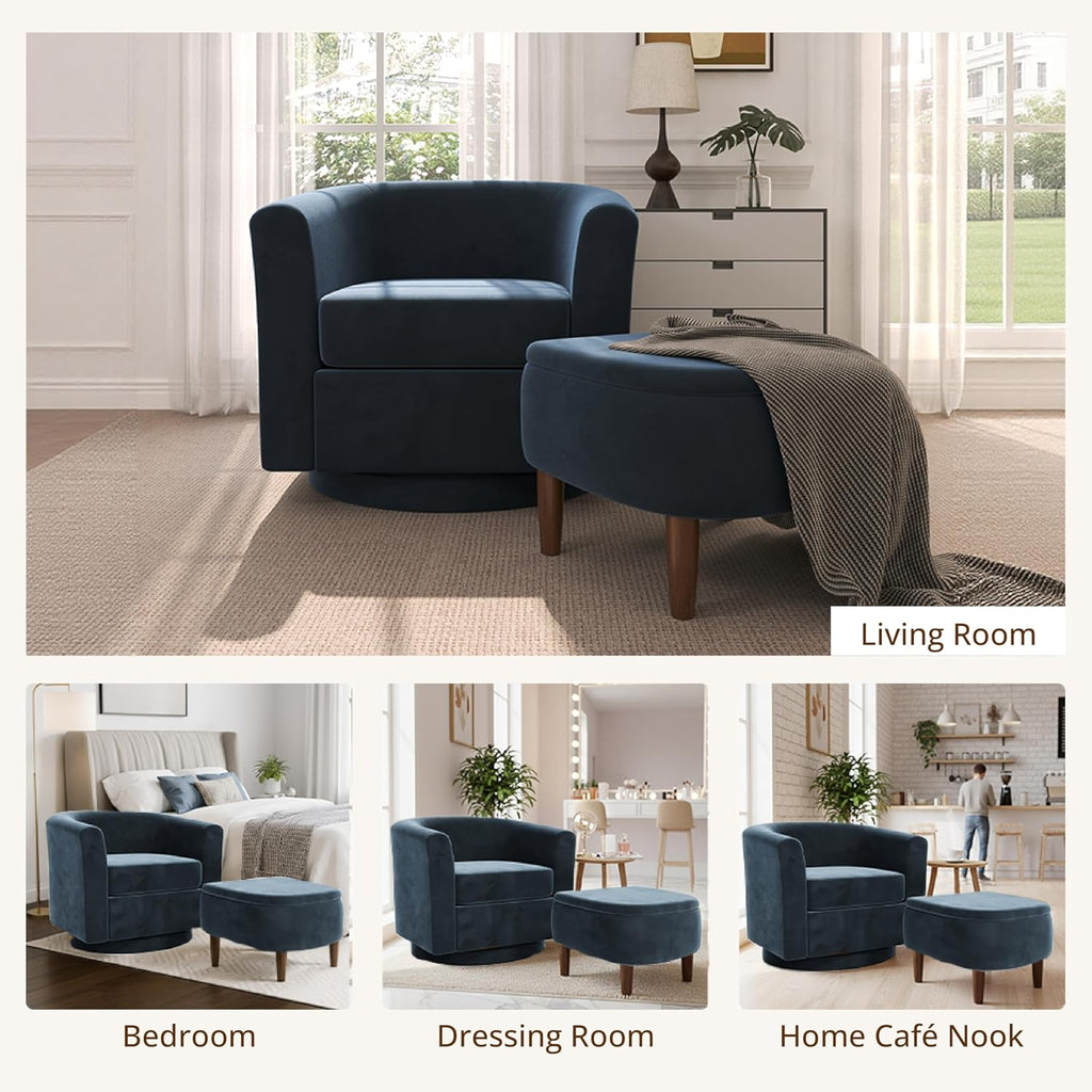 Swivel Accent Chair with Storage Ottoman Set of 2, Modern Velvet Barrel Chair, Upholstered Armchair with Footrest