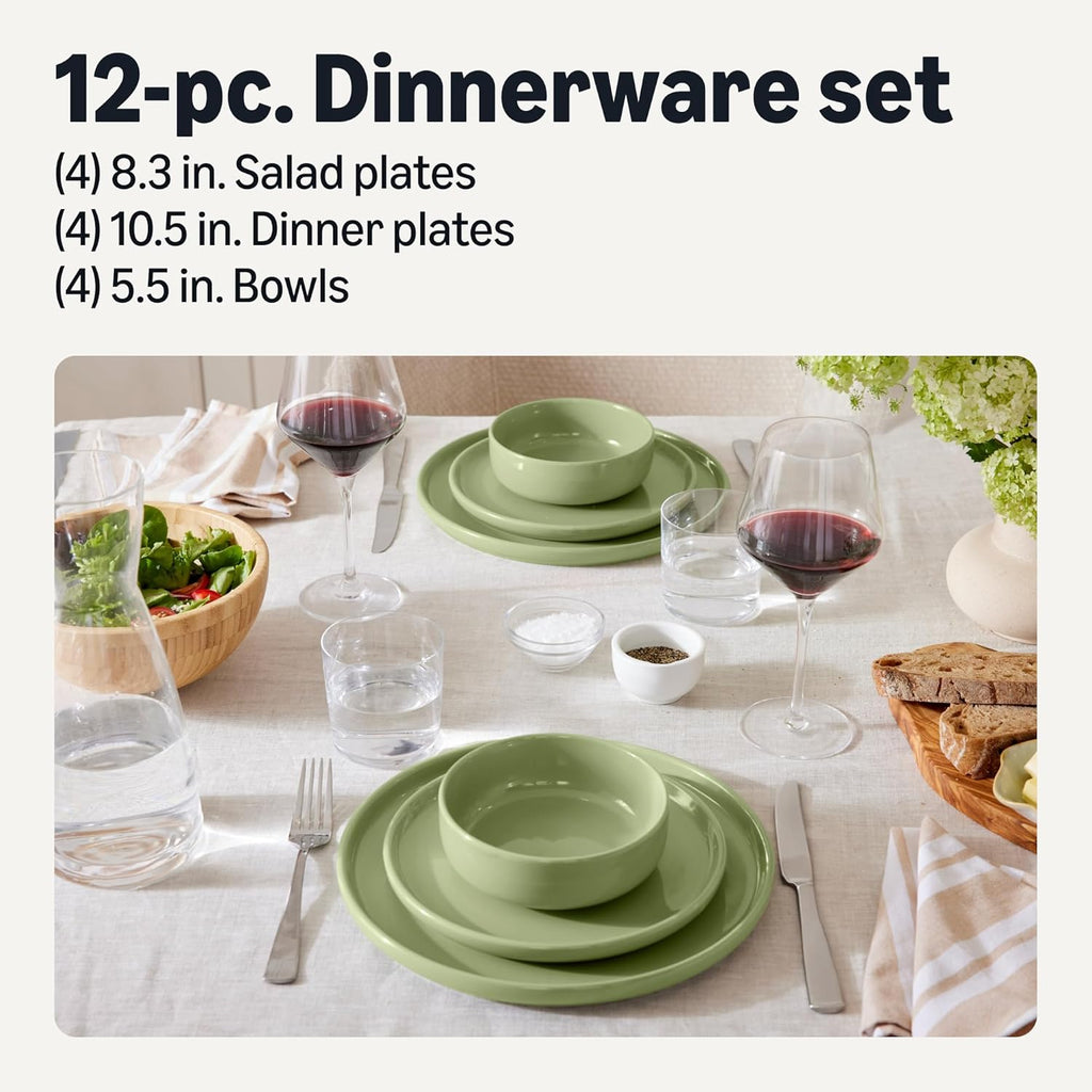 Glazed Stoneware Dinnerware, 12-Piece Set, 4 Full Place Settings, Microwave and Dishwasher-Safe, Olive