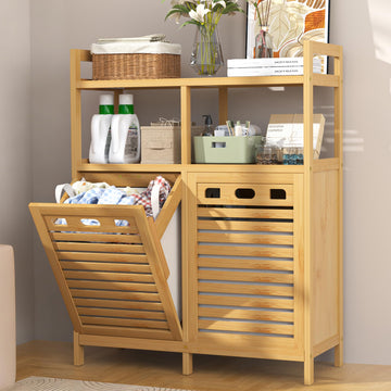 Tilt Out Laundry Hamper Cabinet, Bamboo Double Laundry Hamper with 2 Removable Laundry Baskets, 20 Gal Laundry Sorter