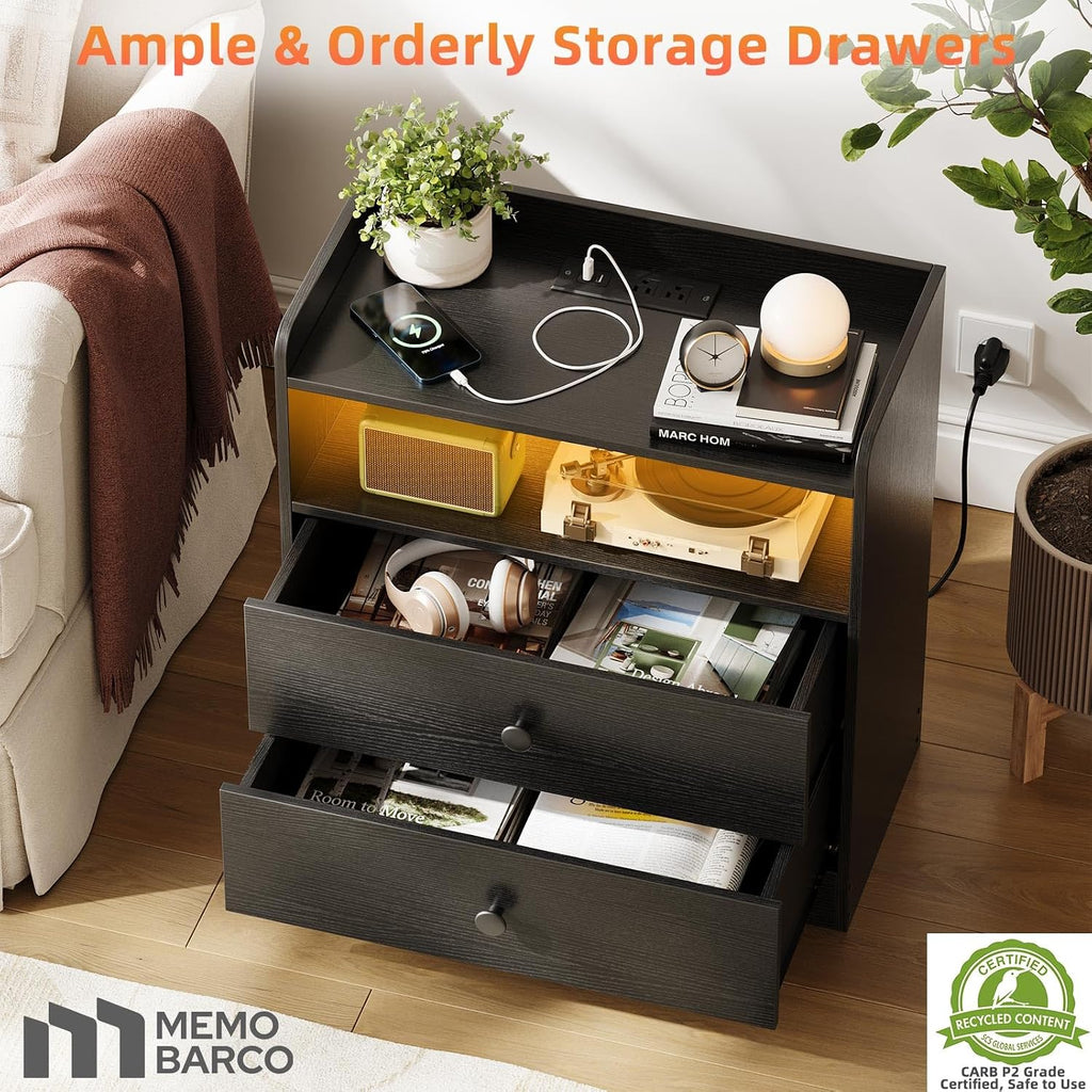 Nightstand with Charging Station and LED Light,Modern Nightstand with USB Ports and Outlets,Wooden Bedside Tables
