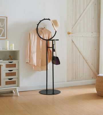 Cheska Suit Valet Stand with Circular Frame - Tie Jacket Clothes Hooks, Freestanding Clothing Organizer, Black