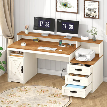 65" Farmhouse Computer Desk with Drawers and Printer Stand