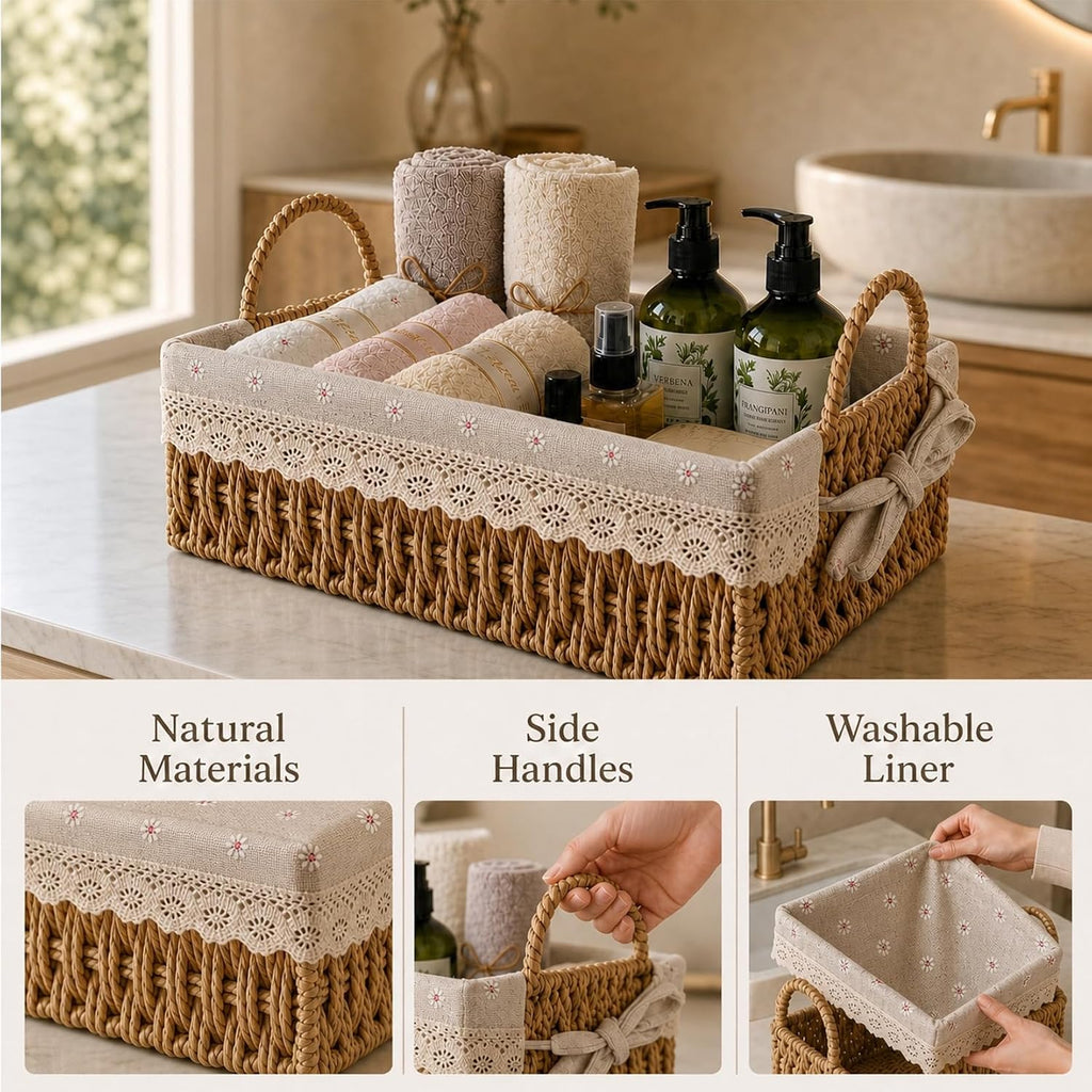 Rectangular Wicker Basket 2-Pack, Small Storage Baskets with Liner | Handwoven paper rope on metal frame. Removable