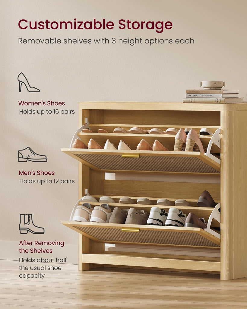 Boho Shoe Storage Cabinet Slim, Entry Shoe Cabinet with Rattan-Look Flip Drawers, Rounded Corners