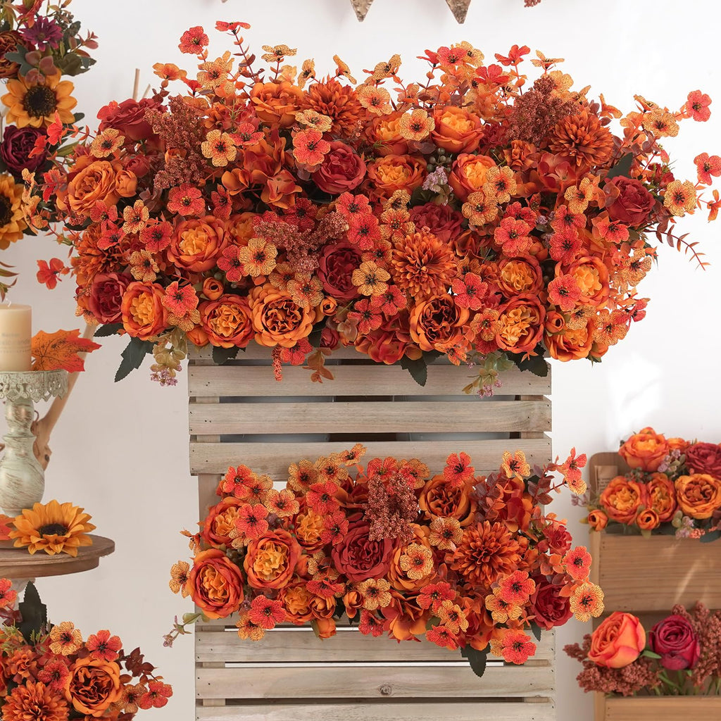 Mixed 8pcs Fall Artificial Peony Hydrangea Bouquet, Burnt Orange Red Silk Faux Flower, Autumn Faux Floral