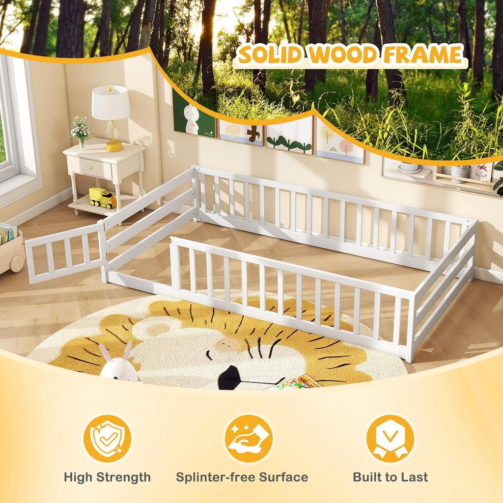 Twin Floor Bed with Fence for Kids, Wooden Montessori Bed Frame with Lockable Door & Guardrails, Low Floor Beds for
