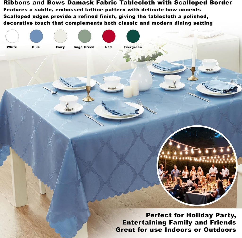 Ribbons and Bows Damask Fabric Tablecloth, Blue, 60 x 144 Inch Rectangle, Wrinkle & Stain Resistant 