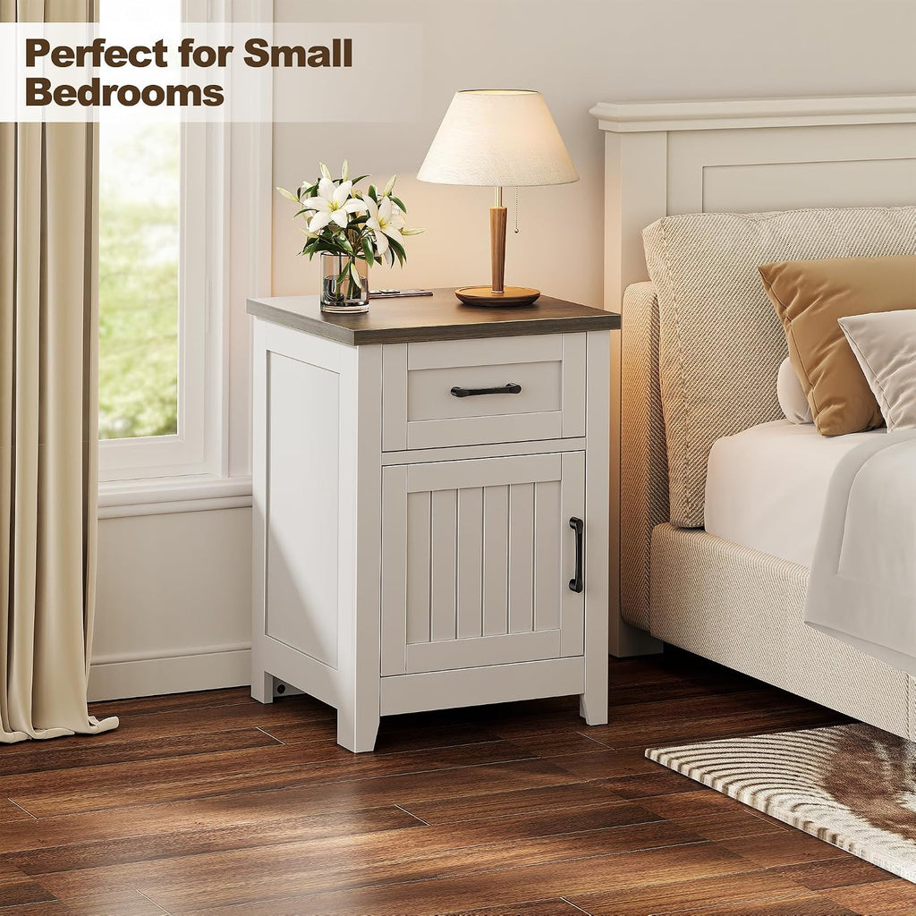 Farmhouse Nightstand with Charging Station, Set of 2 Modern End Tables with Large Storage and One Drawers, Outlets