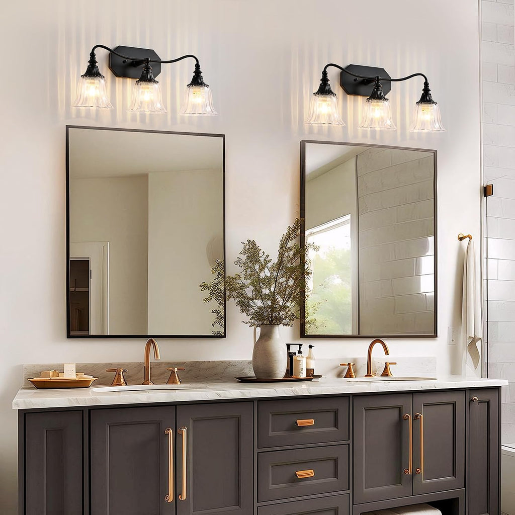 3-Light Bathroom Vanity Light, Matte Black with Crystal Glass Shade | Metal Material,Mounted Over Mirror, Easy To