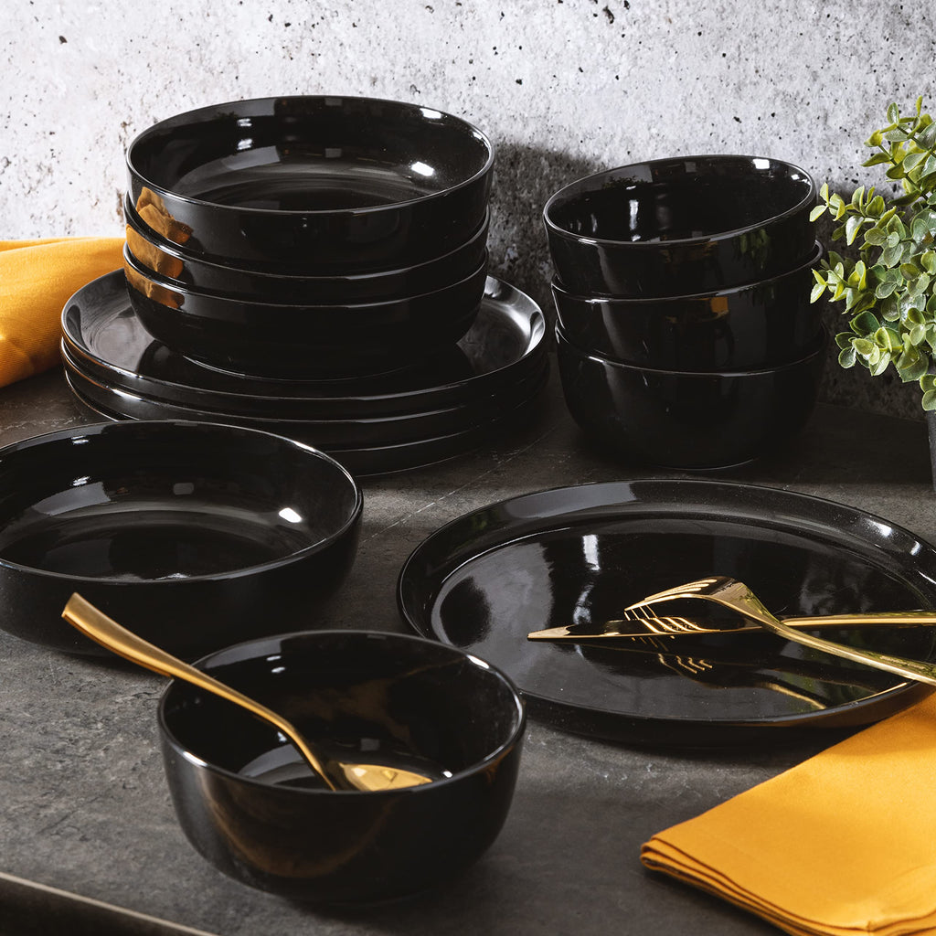 Oslo 12-Piece Porcelain Chip and Scratch Resistant Dinnerware Set, Service for 4 - Black Plates and Bowls, Microwave