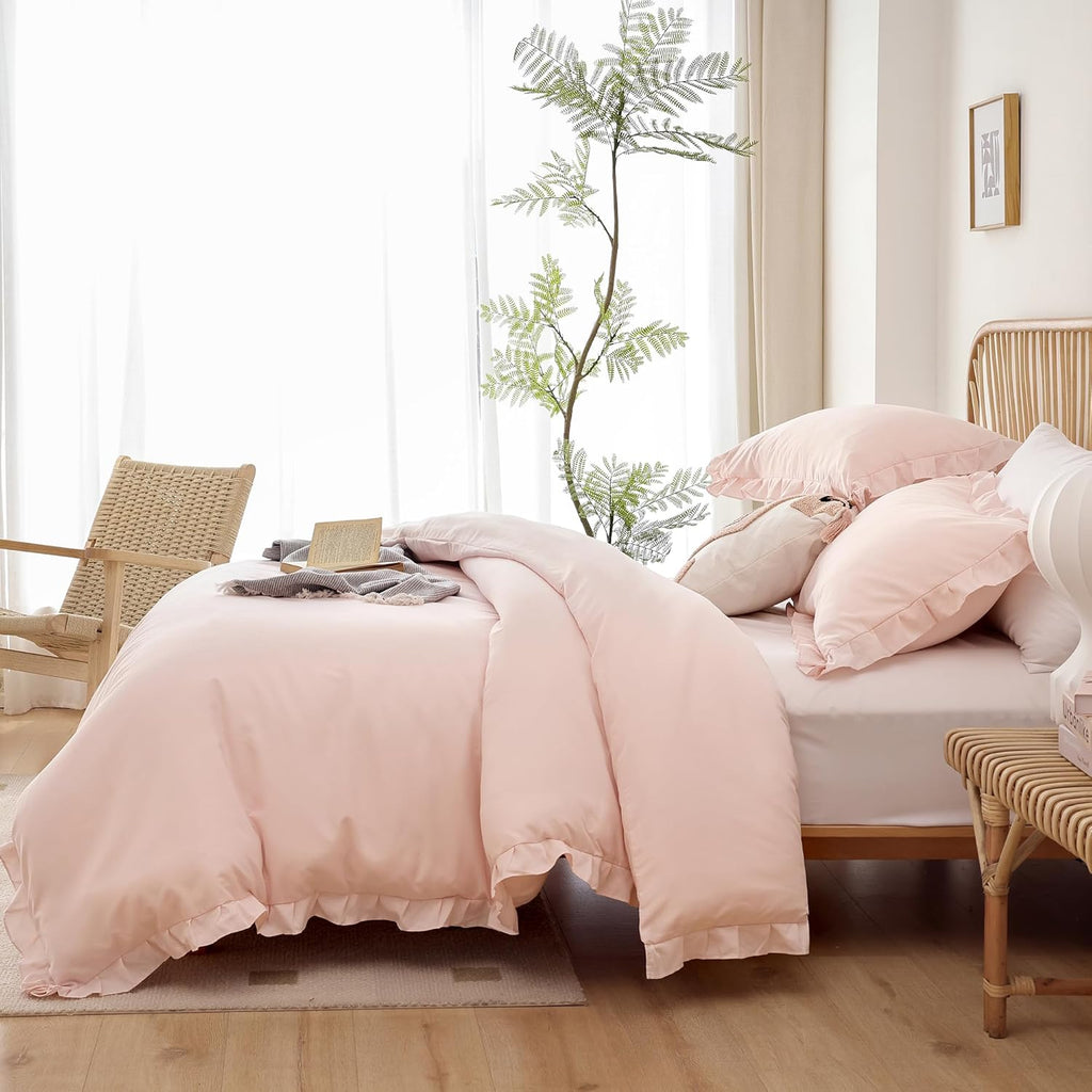 Soft Fluffy Comforter Set 3PCS (1 Ruffled Blush Comforter Set and 2 Pillowcases) Vintage Shabby Chic Bedding