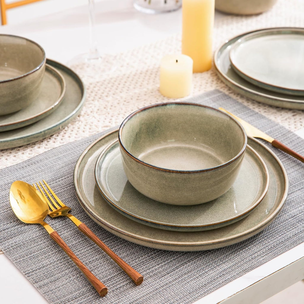 Stoneware Dinnerware Sets,Round Reactive Glaze Ceramic Plates and Bowls Sets,Highly Scratch Resistant | Dishwasher & Microwave Safe,Service for 8 Dishes Set (24pc)