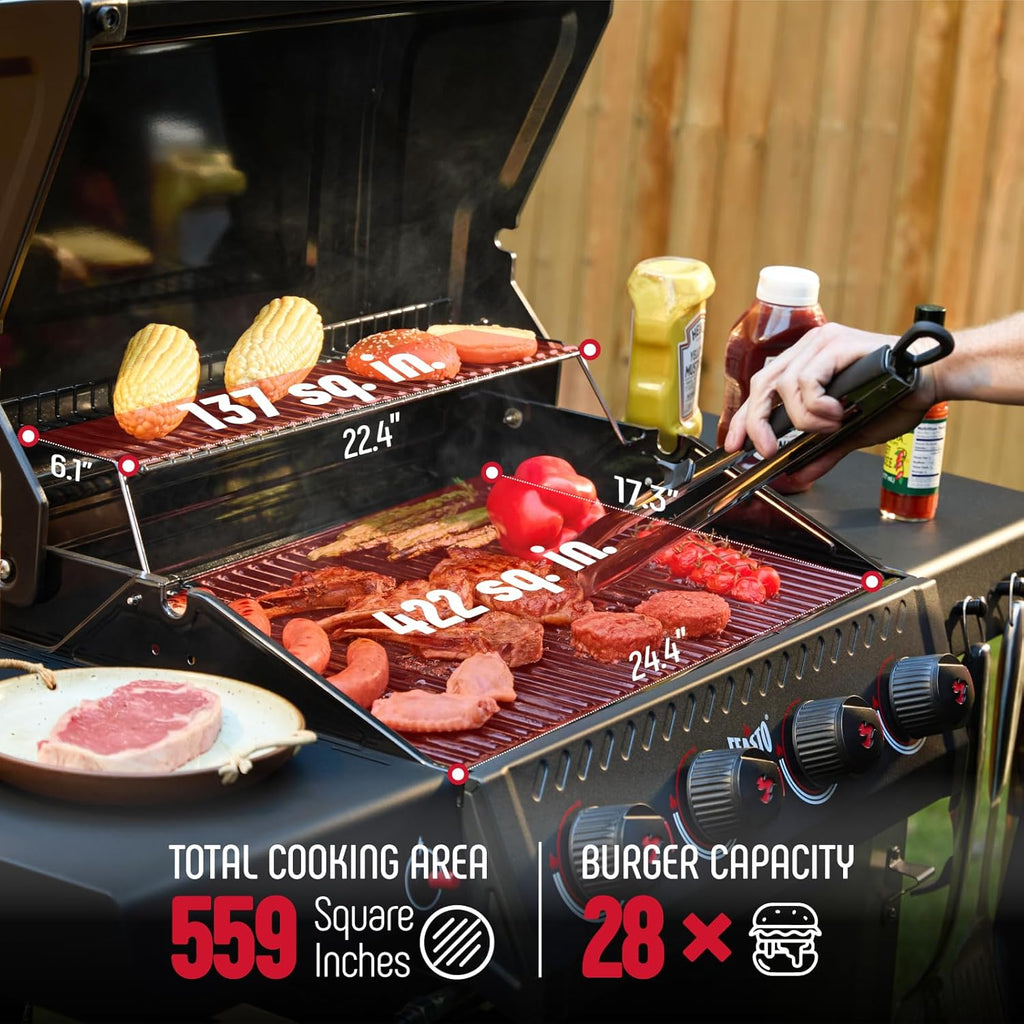 4-Burner Propane Gas Grill, 36,000 BTU BBQ Grill with Side Table, Premium Porcelain-Enameled Grates, Outdoor Patio and Backyard Cooking
