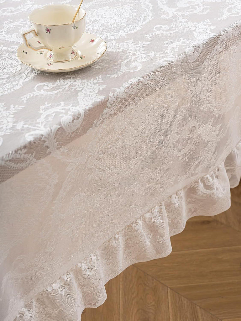 White French Lace Ruffle Tablecloth 60 x 102 Inch with Ruffled Edge, Fits Round and Rectangular Tabl