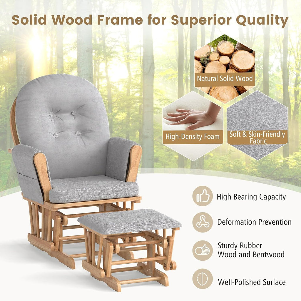 Nursery Glider with Ottoman, Upholstered Comfort Glider Rocker with Padded Cushion, Storage Pocket, Solid Wood Base