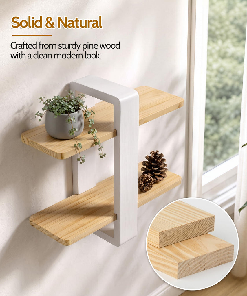Floating Shelves for Wall White Wood, 2 Tier Adjustable Shelf Unit
