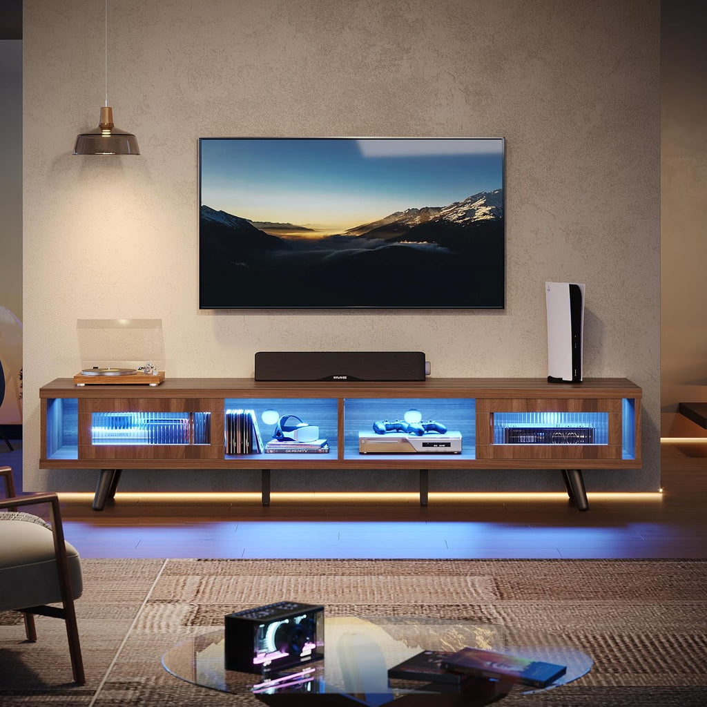 Mid Century Modern TV Stand for 75 inch TV, LED Entertainment Center with Storage and Sliding Doors, Low Profile TV