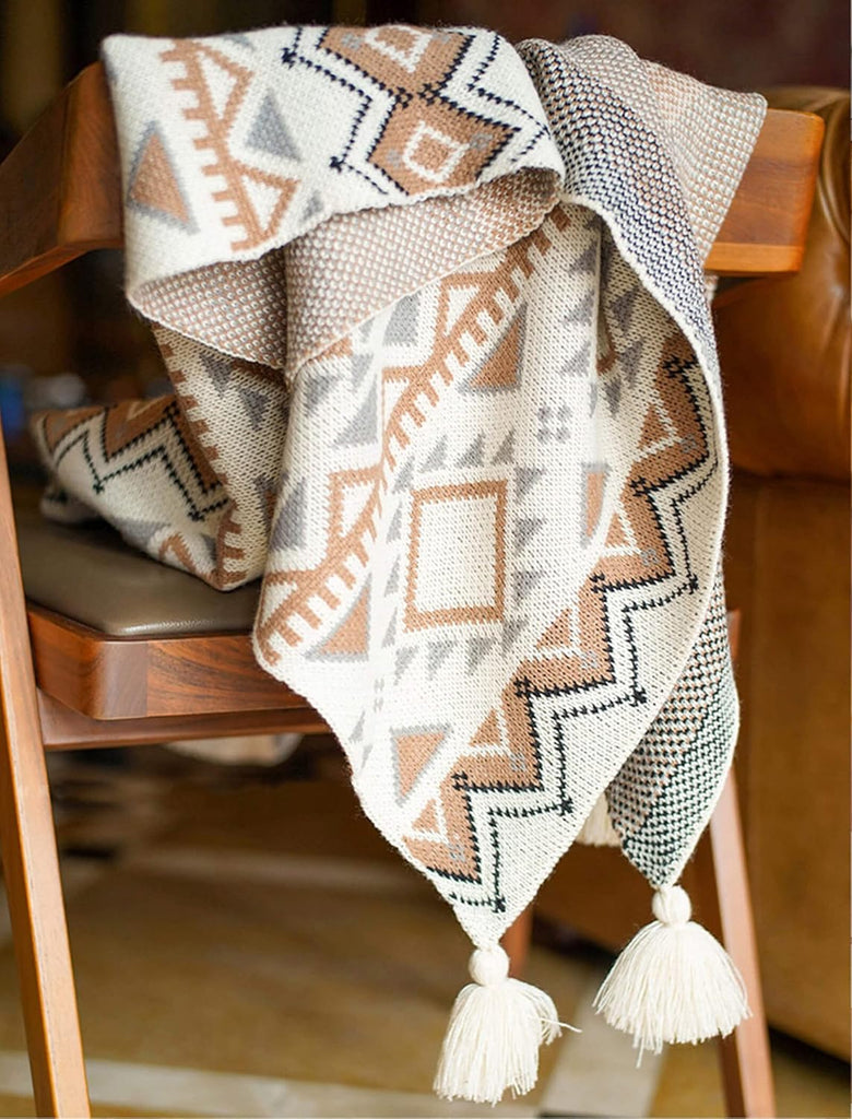 Boho Throw Blanket, Knitted Brown Tassel Throw Blankets, Soft Lightweight Vintage Tan Throw Blanket