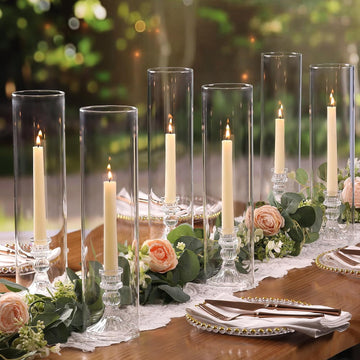 6 Set Hurricane Glass Candle Holders for Taper Candles, Vertical Striped Candlestick Holders with Windproof Glass