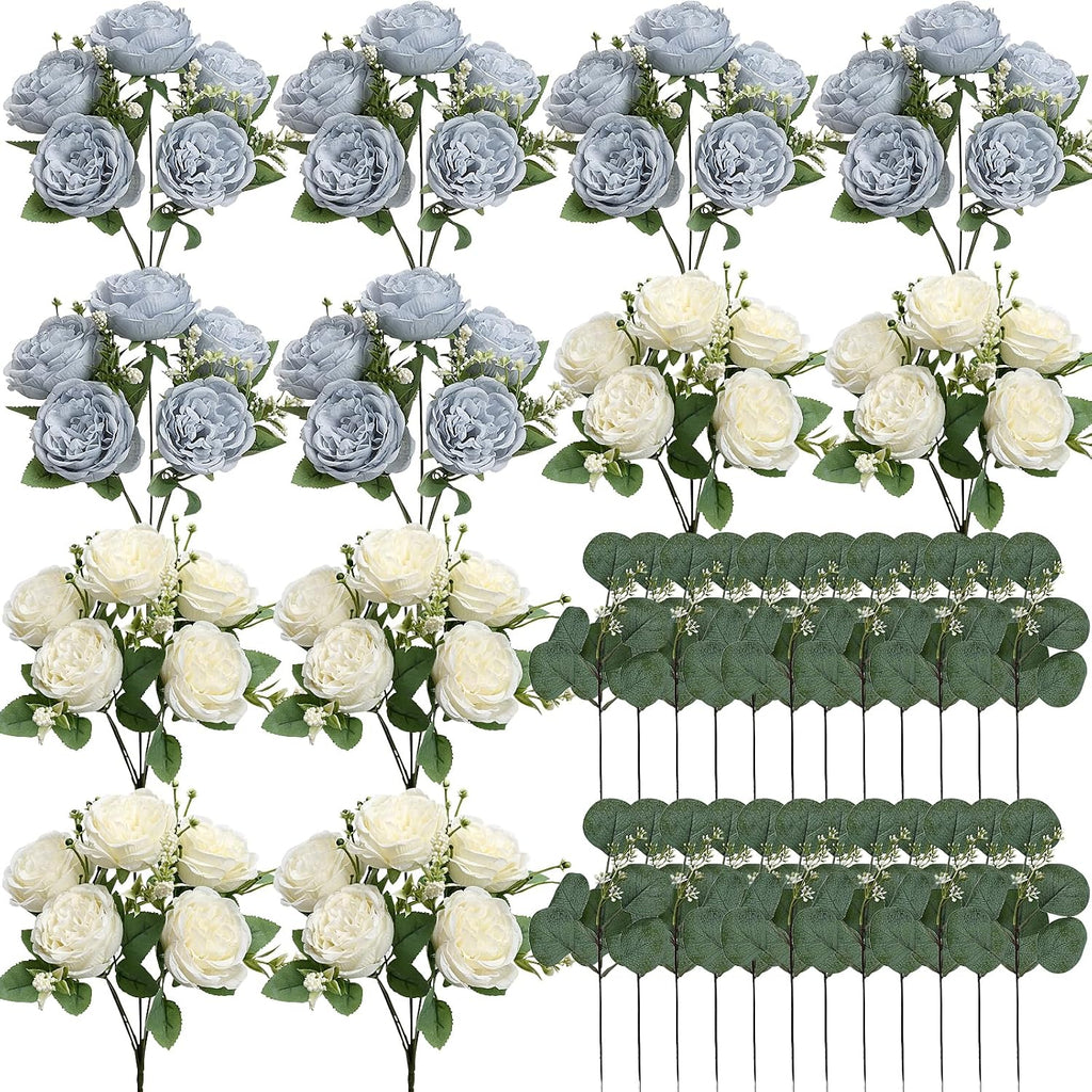 Peonies Artificial Flowers Bulk, 12 Bundles Fake Silk Peonies Faux Eucalyptus Bouquet Realistic Peony Floral