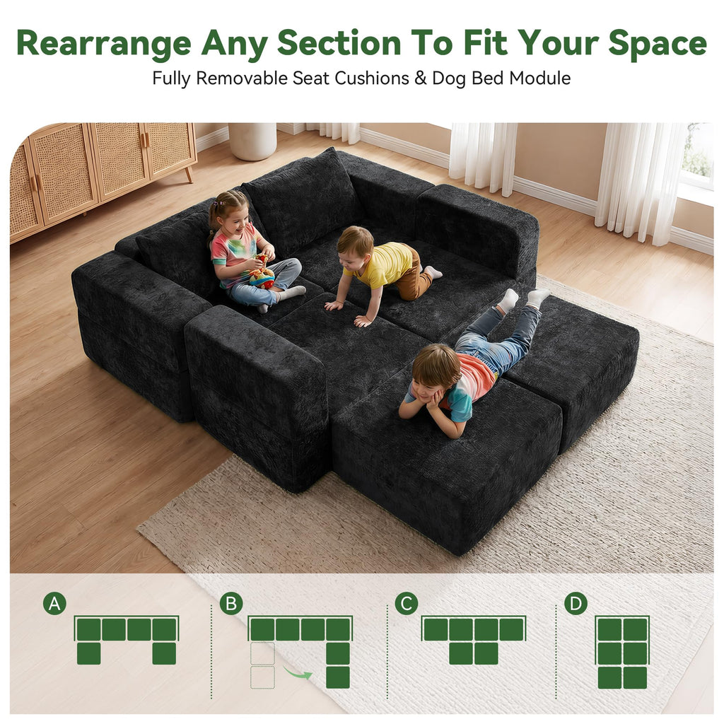 130" U Shaped Modular Sectional Sofa, 6 Seat Cloud Couch, Black