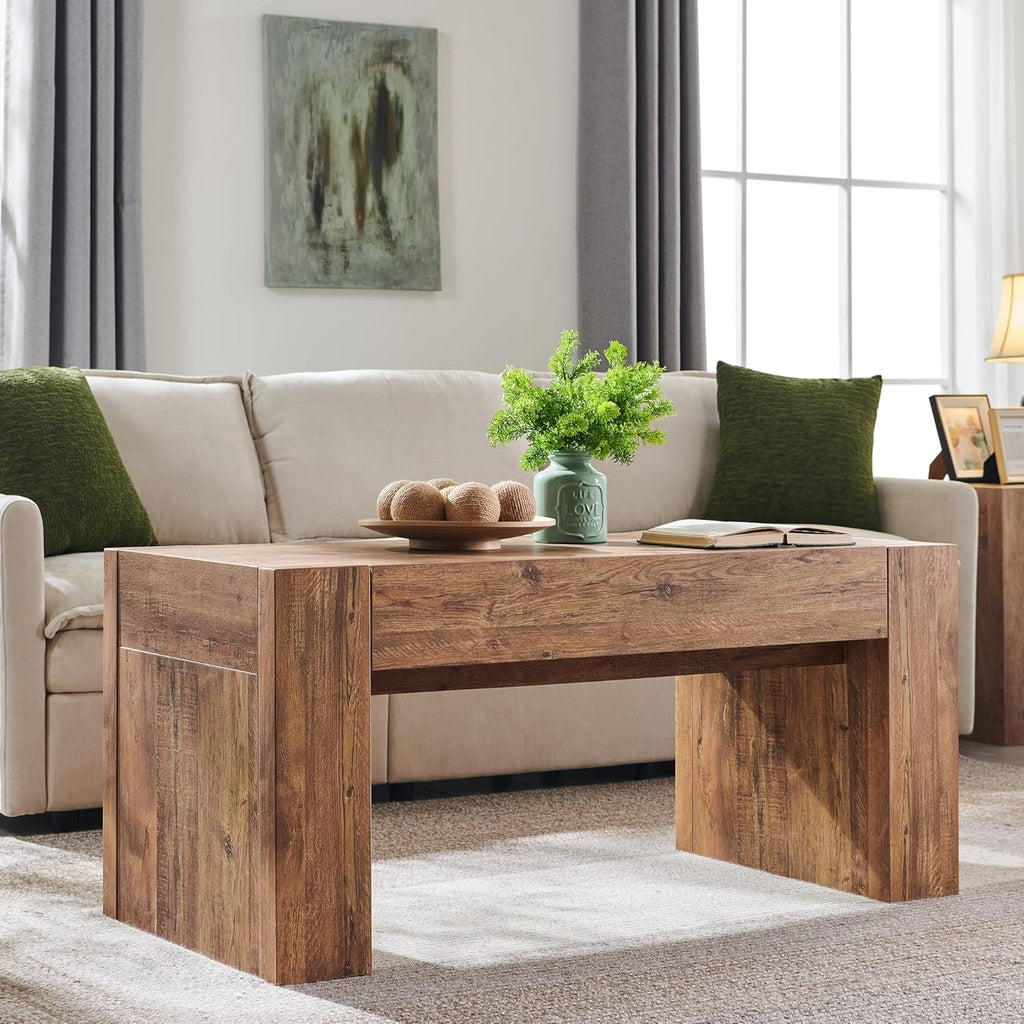 48" Modern Farmhouse Coffee Table, Wooden Living Room Table with Hidden Storage Drawer