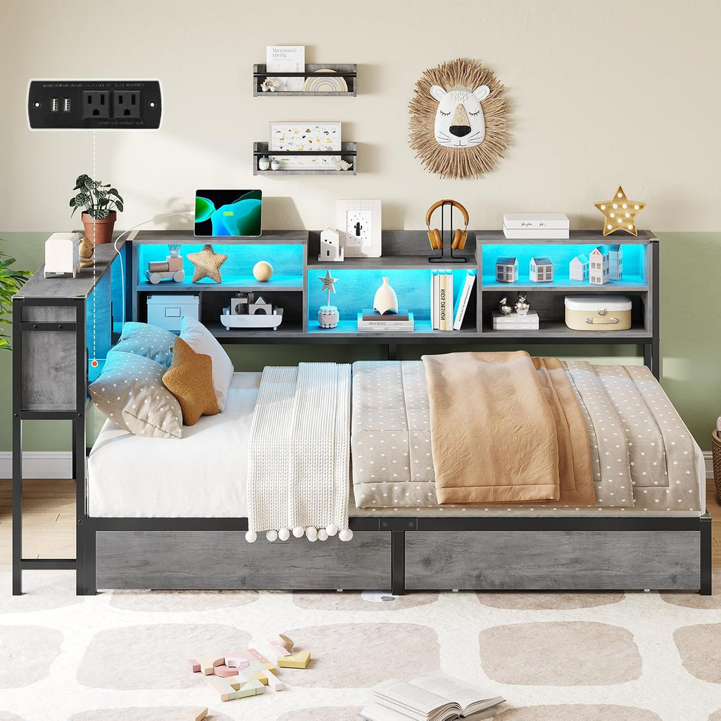 Corner Twin Bed Frame with Bookcase Storage Headboard and Led Lights,Twin Size Metal Platform Corner Bed Frames with