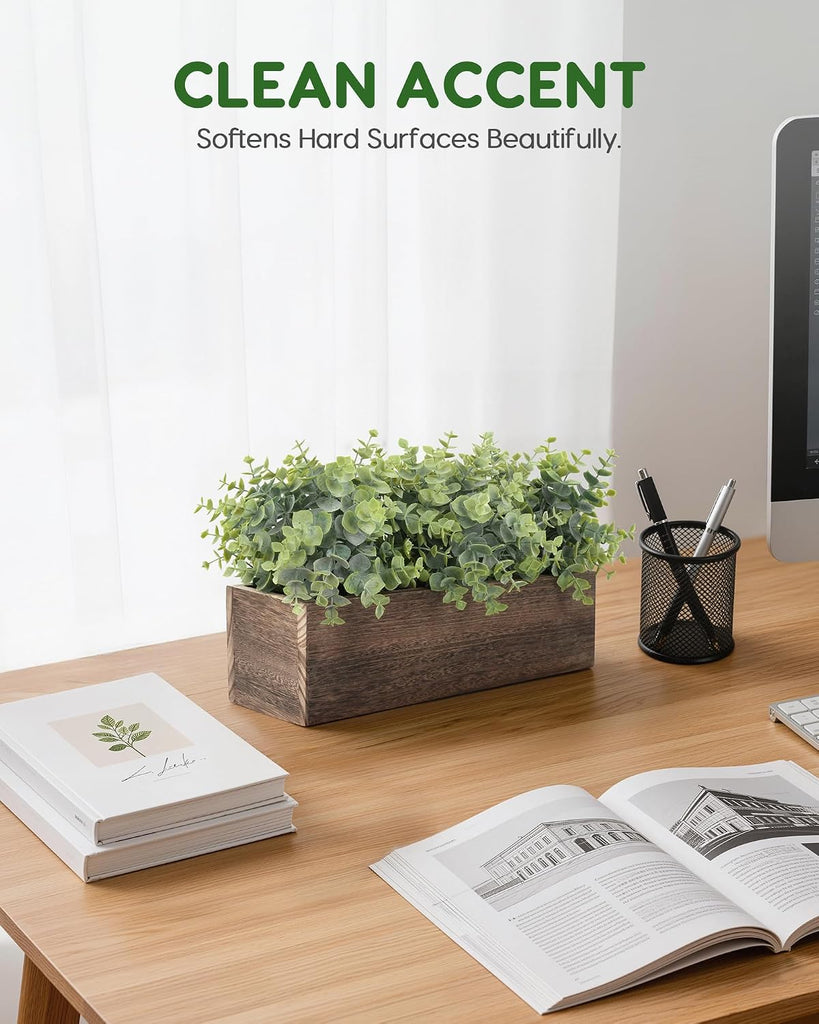 14" Artificial Eucalyptus Plants in Rustic Rectangular Wooden Planter Box, Fake Plants Centerpiece, Farmhouse Faux