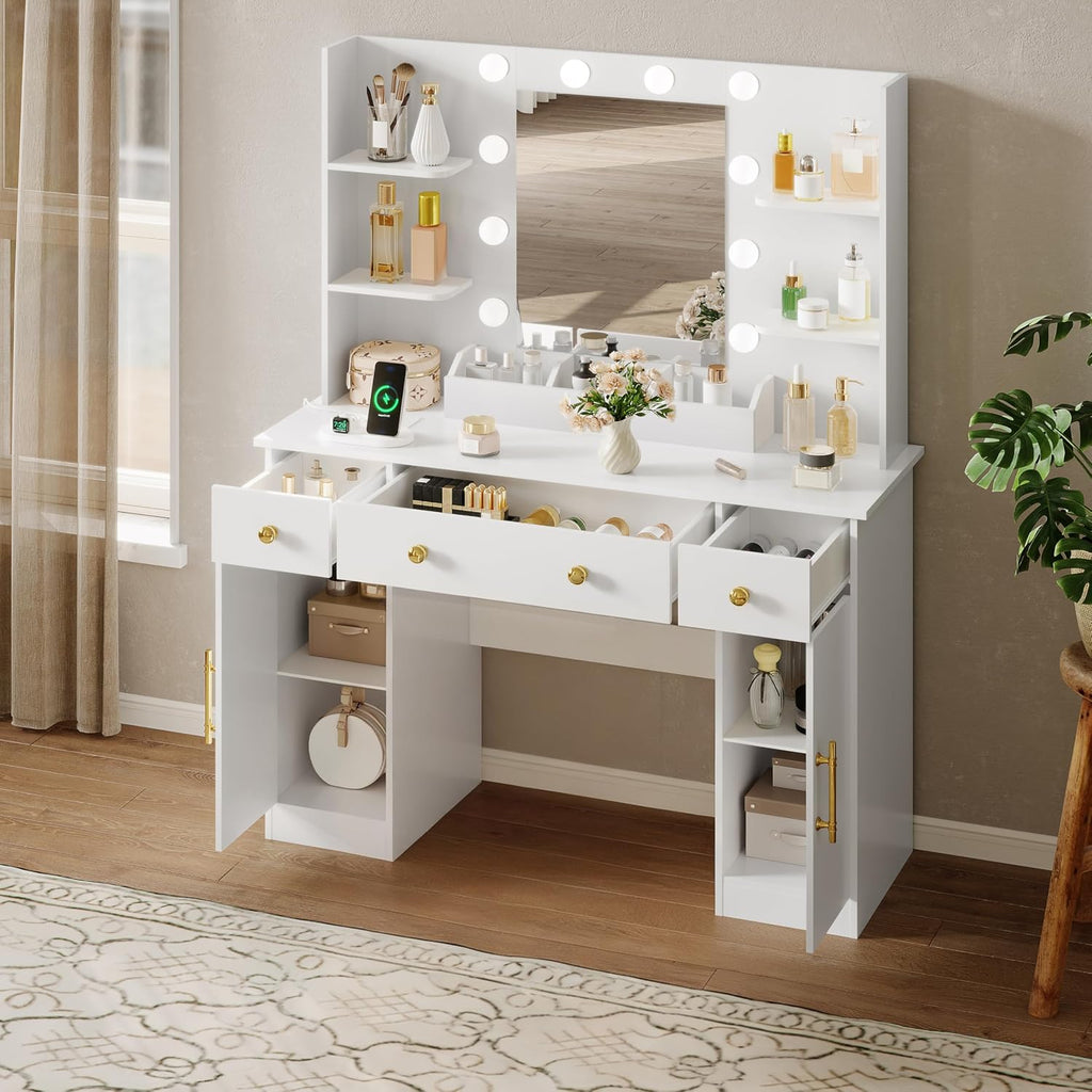 Vanity Desk with Mirror and Lights, Makeup Vanity with Mirror and LED Lights & Power Outlet, 3 Drawers and Cabinets