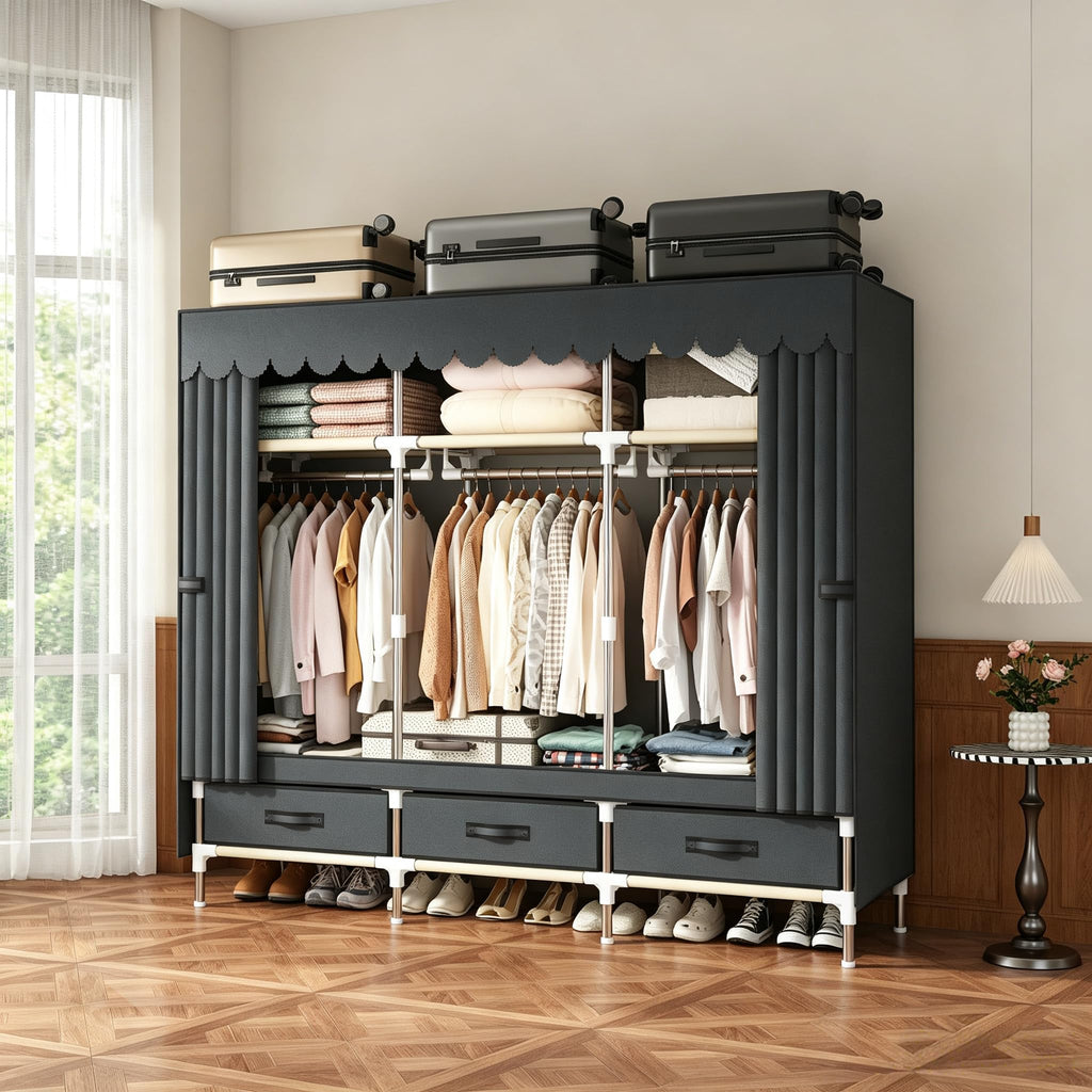 Portable Closet Wardrobe with 3 Storage compartments,3 Hanging Rods and 3 Drawers itory.