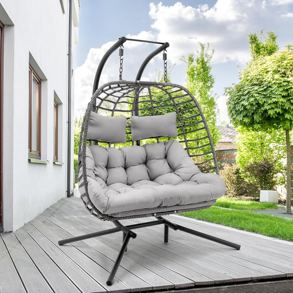 Double with Stand, Large Hand-Woven Wicker Rattan Hanging Egg Chair for 2 People, Porch Hammock Swing Loveseat with