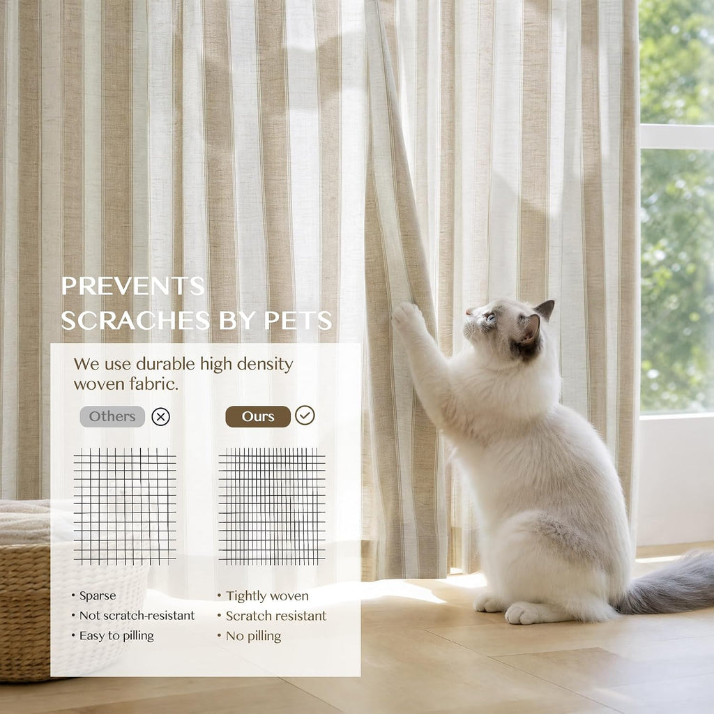 Beige Stripe Pinch Pleated Curtains, Linen Blend Light Filtering Gingham Drapes with Memory Pleats for Living Room Bedroom, 2 Panels