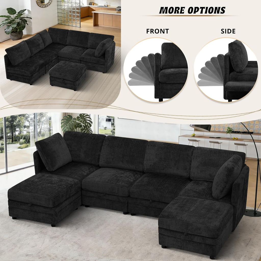 86'' Chenille Modular Couch with Removable Ottoman, 6 Seater Secional Sofa with Adjustable Backrests