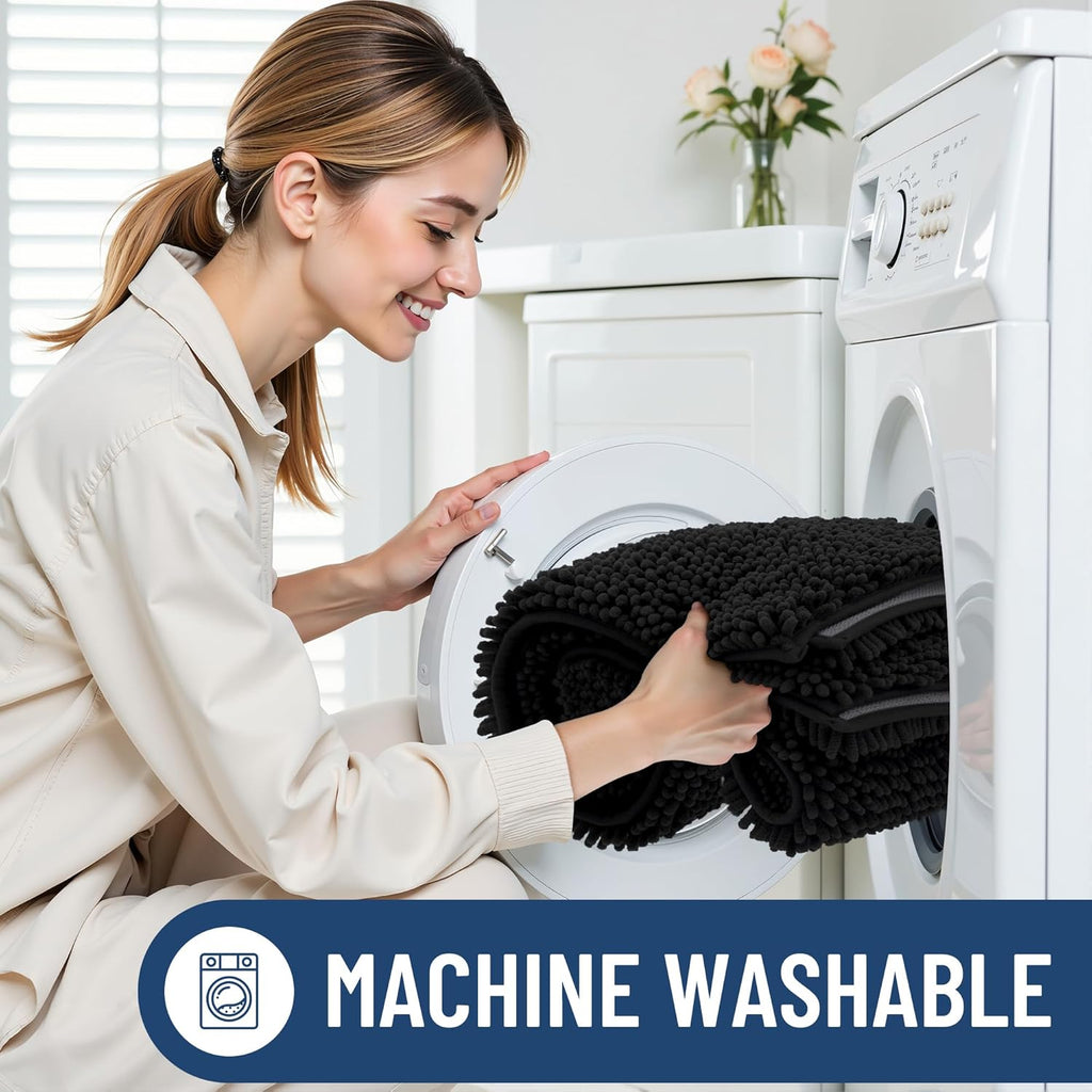 Chenille Bathroom Rugs Sets 2 Piece (30x20+24x16, Black) | Soft Absorbent Machine Washable Non Slip Shaggy Bath Rug